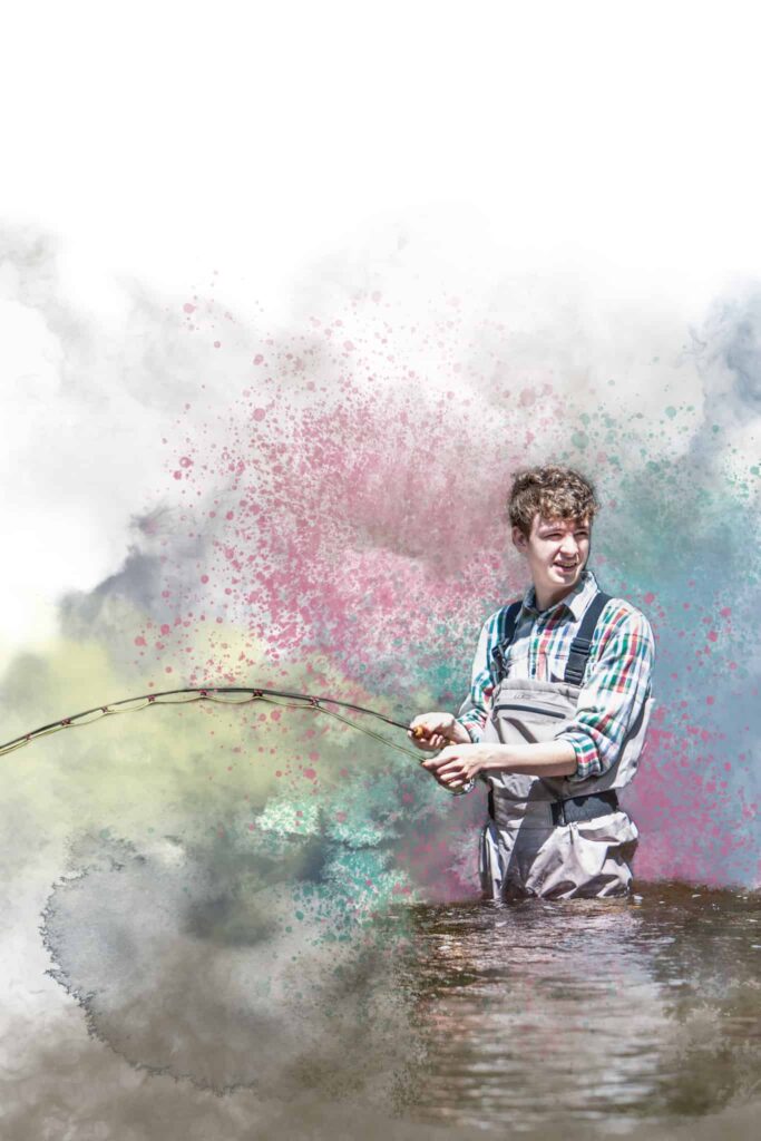 artistic illustration of boy fly fishing