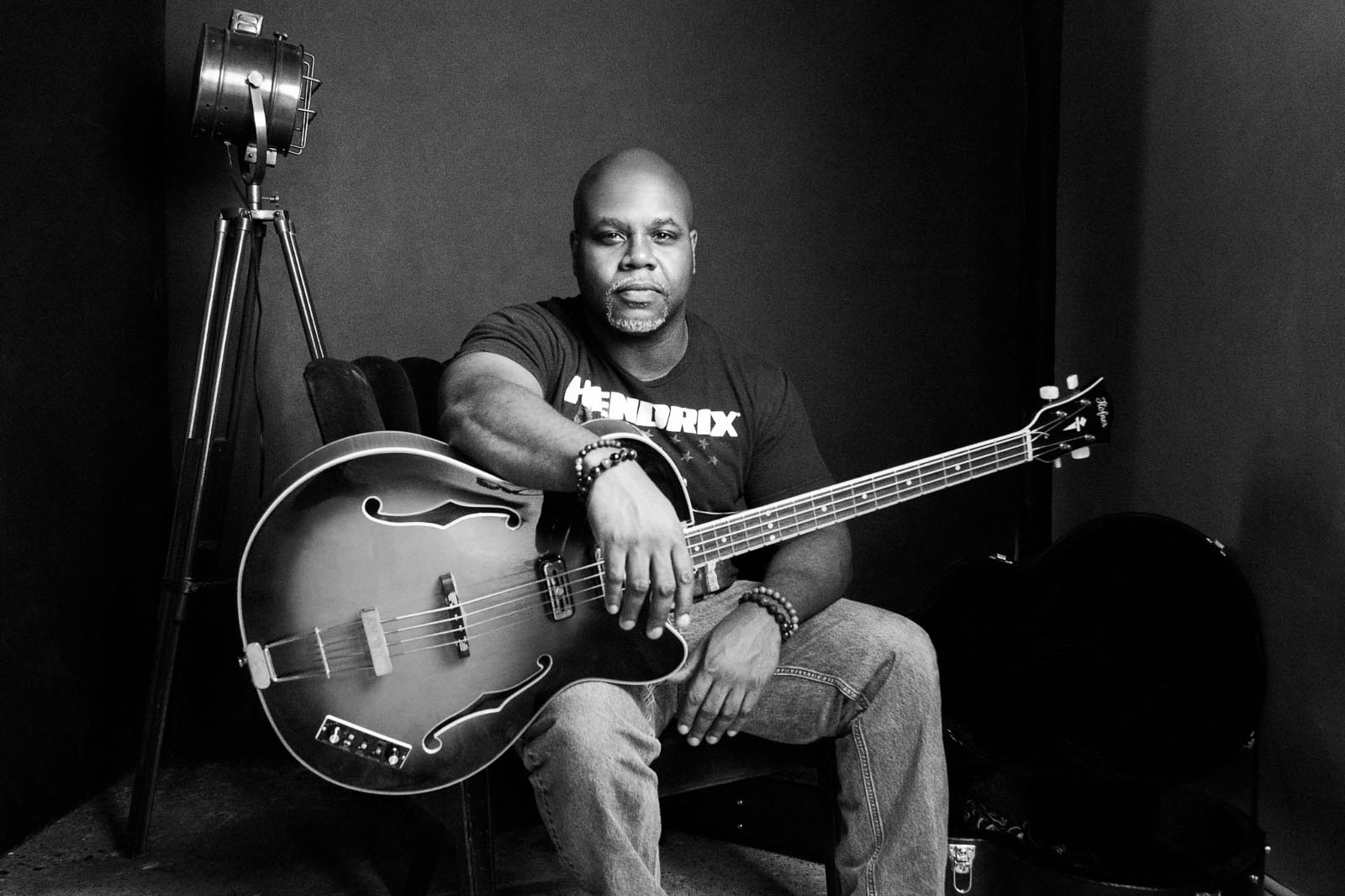 portrait of black man with bass guitar