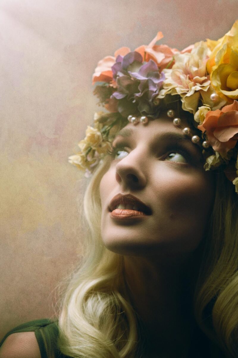 woman with floral headpiece