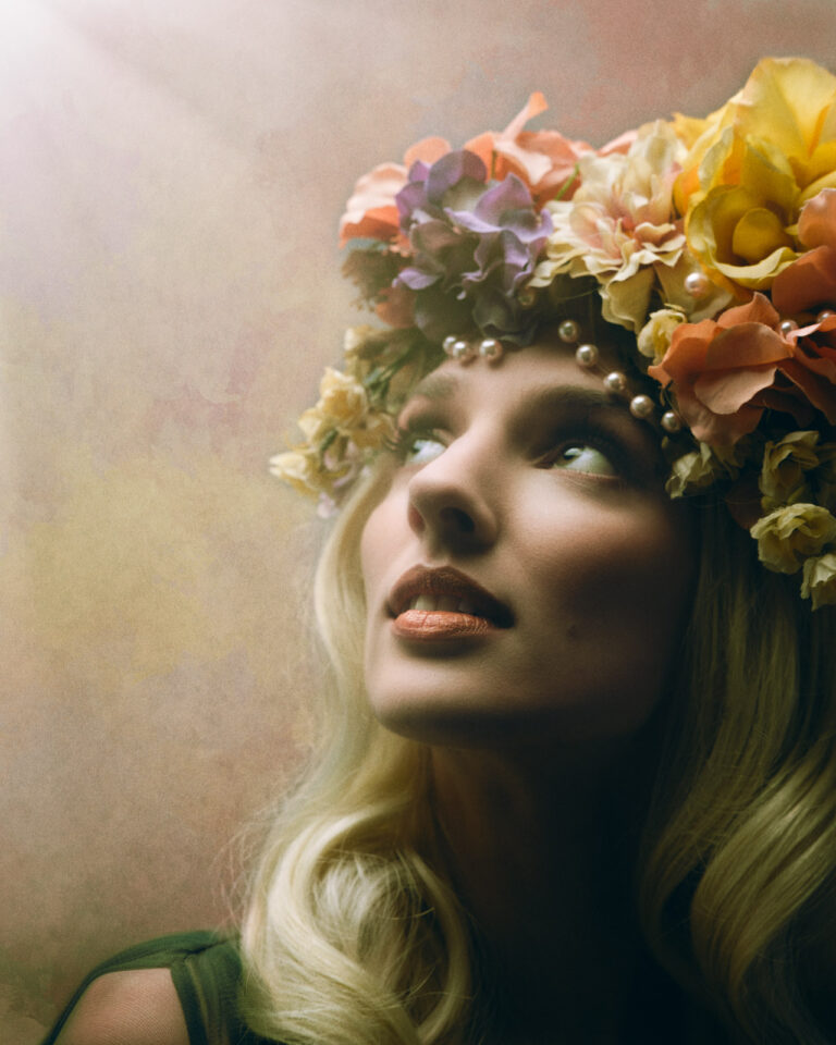 portrait woman in floral headpiece after retouching